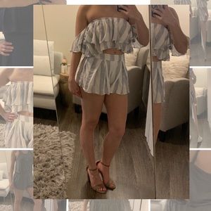 Fashion Nova Blue and White Ruffle 2 Piece Set